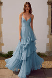 Dusty Blue A Line Chiffon Spaghetti Straps Long Bridesmaid Dress with Ruffles