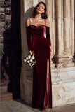 Burgundy Velvet Cold Shoulder Sheath Long Sleeve Bridesmaid Dress with Slit