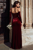 Burgundy Velvet Cold Shoulder Sheath Long Sleeve Bridesmaid Dress with Slit