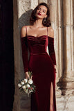 Burgundy Velvet Cold Shoulder Sheath Long Sleeve Bridesmaid Dress with Slit