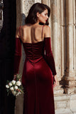 Burgundy Velvet Cold Shoulder Sheath Long Sleeve Bridesmaid Dress with Slit