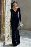 Navy Sheath Velvet V-Neck Long Sleeve Bridemaid Dress with Slit
