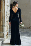 Navy Sheath Velvet V-Neck Long Sleeve Bridemaid Dress with Slit