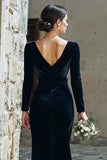 Navy Sheath Velvet V-Neck Long Sleeve Bridemaid Dress with Slit