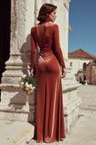 Terracotta High Neck Velvet Sheath Ruched Long Sleeves Bridesmaid Dress