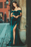 Peacock Green Off The Shoulder Velvet Sheath Long Bridesmaid Dress with Slit