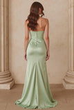 Dusty Sage Sheath Satin Sweetheart Long Bridesmaid Dress with Slit
