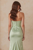 Dusty Sage Sheath Satin Sweetheart Long Bridesmaid Dress with Slit
