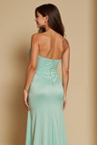 Mint Green Satin Sweetheart Ruched Long Bridesmaid Dress with Slit