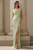 Dusty Sage Sheath Ruched Cowl Neck Maxi Bridesmaid Dress