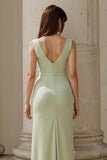 Dusty Sage Sheath Ruched Cowl Neck Maxi Bridesmaid Dress