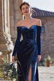 Navy Corset Off the Shoulder Sheath Maxi Bridesmaid Dress with Slit