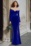 Dark Blue Ruched Mermaid Off the Shoulder Maxi Bridesmaid Dress with Slit