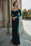Dark Green Sheath Off the Shoulder Ruched Maxi Bridesmaid Dress with Slit