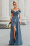 Twilight A Line Off the Shoulder Maxi Bridesmaid Dress with Slit