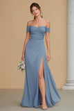 Twilight A Line Off the Shoulder Bridesmaid Dress with Slit