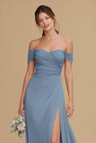 Twilight A Line Off the Shoulder Bridesmaid Dress with Slit