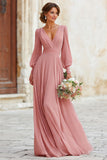 Dusty Rose V-Neck Maxi A Line Bridesmaid Dress with Long Sleeves