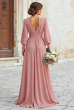 Dusty Rose V-Neck Maxi A Line Bridesmaid Dress with Long Sleeves