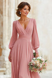 Dusty Rose V-Neck Maxi A Line Bridesmaid Dress with Long Sleeves