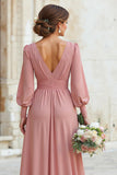 Dusty Rose V-Neck Maxi A Line Bridesmaid Dress with Long Sleeves