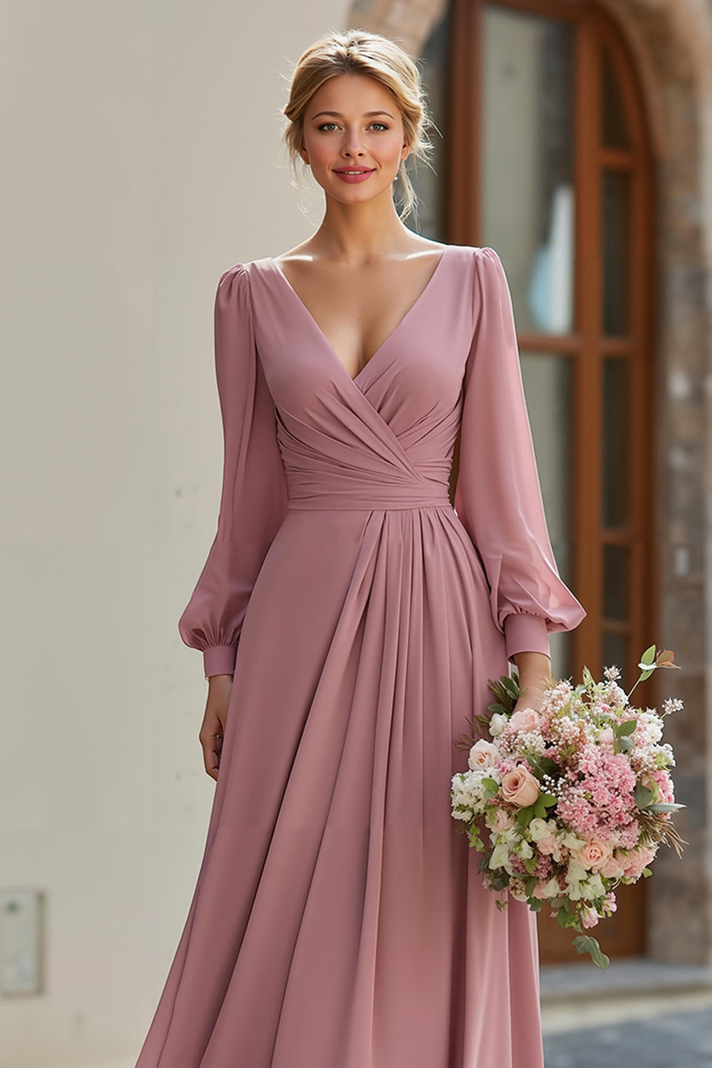 Dusty Rose V-Neck A Line Maxi Bridesmaid Dress with Sleeves