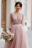 Dusty Rose A Line V-Neck Maxi Bridesmaid Dress with Sleeves