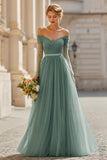 Eucalyptus A Line Long Off the Shoulder Bridesmaid Dress with Sleeves