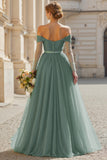Eucalyptus A Line Long Off the Shoulder Bridesmaid Dress with Sleeves