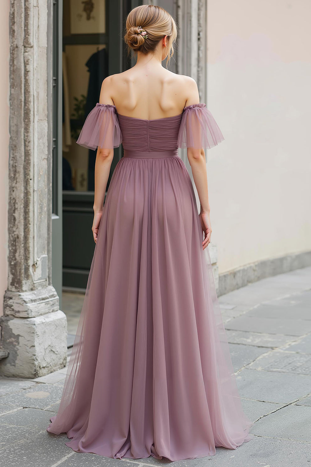 Vintage Mauve Long A Line Off the Shoulder Bridesmaid Dress