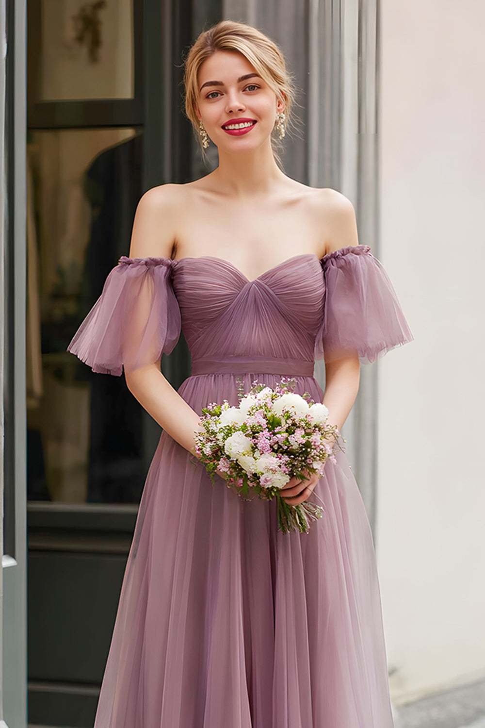 Vintage Mauve Long A Line Off the Shoulder Bridesmaid Dress
