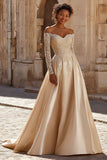 Champagne Satin Off the Shoulder Princess Sweep Train Wedding Dress with Lace