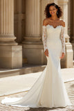 Ivory Off the Shoulder Chiffon Mermaid Sweep Train Wedding Dress with Lace
