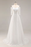 White A-Line Off The Shoulder Half Sleeves Wedding Dress with Lace
