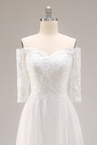 White A-Line Off The Shoulder Half Sleeves Wedding Dress with Lace