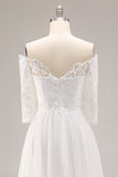 White A-Line Off The Shoulder Half Sleeves Wedding Dress with Lace