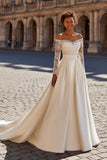 Ivory Satin Princess Long Sleeves  Court Train Wedding Dress with Lace