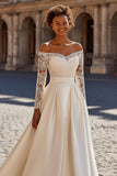 Ivory Satin Princess Long Sleeves  Court Train Wedding Dress with Lace