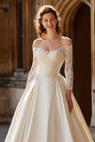 Ivory Satin Long Sleeves Ball Gown Floor Length Wedding Dress with Lace