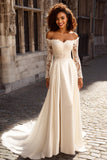 Ivory Off the Shoulder Satin A-Line Sweep Train Wedding Dress with Lace