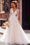 Ivory V-Neck Tulle Princess Long Sleeves Floor Length Wedding Dress with Lace