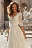 Ivory V-Neck A Line Maxi Wedding Dress with Lace
