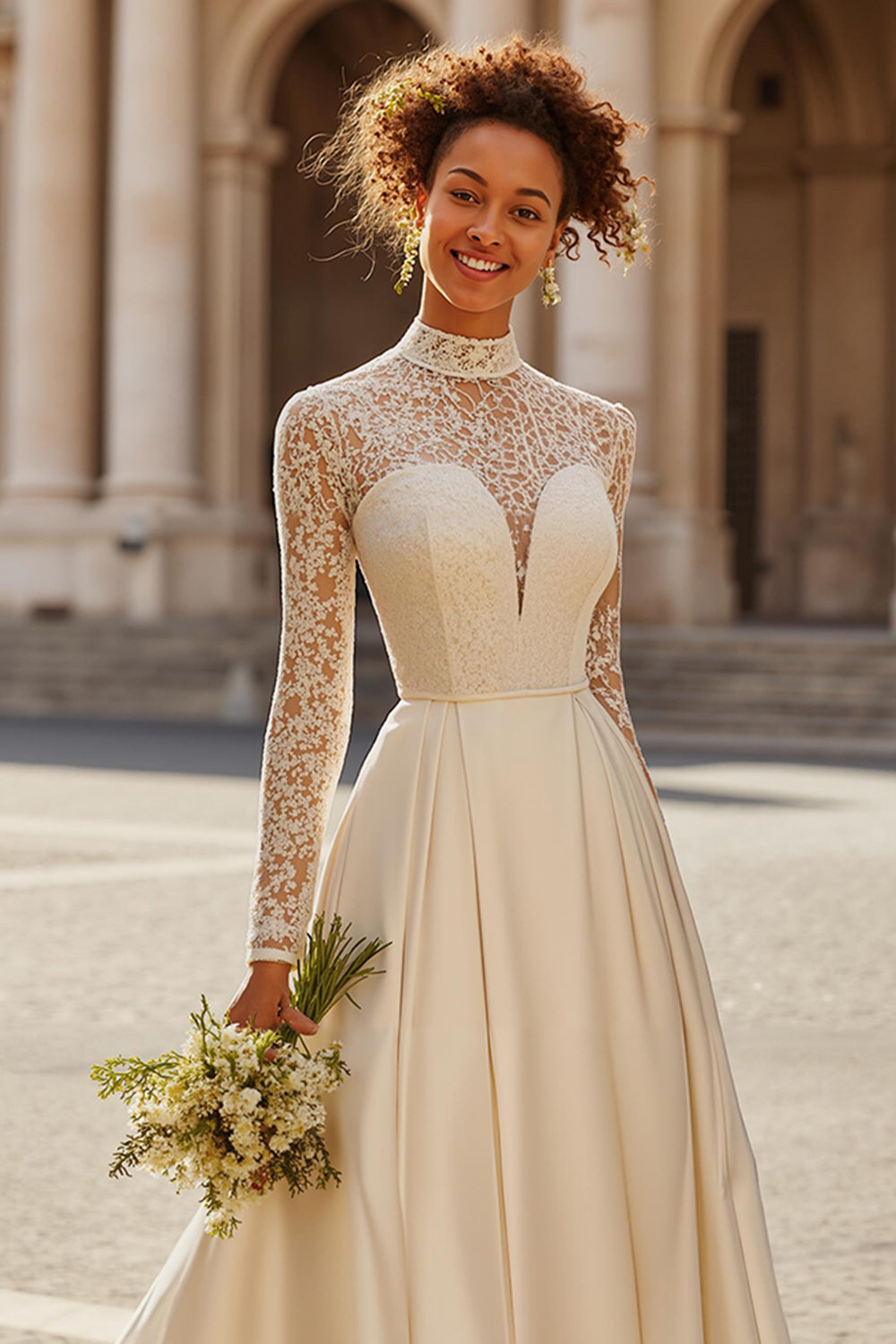 Ivory High Neck A Line Sweep Train Vintage Wedding Dress with Sleeves