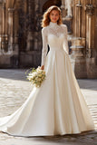 Ivory Vintage A Line Sweep Train High Neck Wedding Dress with Sleeves