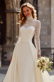 Ivory High Neck Sweep Train A Line Wedding Dress with Lace
