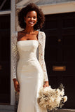 White Mermaid Bateau Long Sleeve Appliqued Sweep Train Wedding Dress