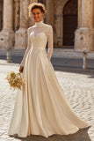 Ivory A-Line High Neck Lace Appliqued Sweep Train Wedding Dress