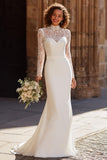 Ivory Mermaid High Neck Lace Appliqued Sweep Train Wedding Dress