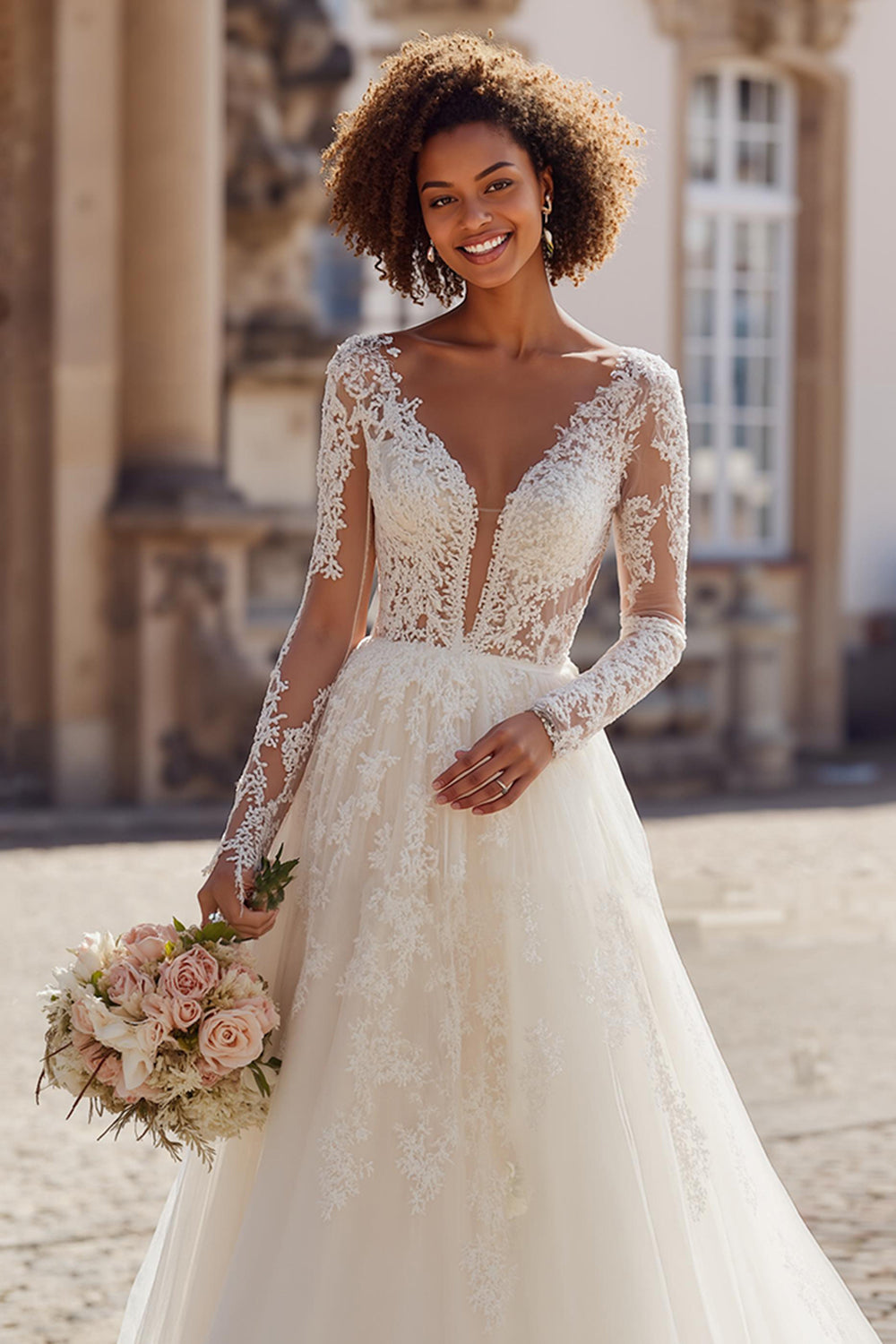 Zapaka Women V-Neck Weddig Dress A-Line Ivory Lace Appliqued Long Sleeves Tulle Court Train Bridal Dress – ZAPAKA UK