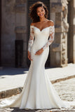 V-Neck Mermaid White Lace Appliqued Sweep Train Wedding Dress